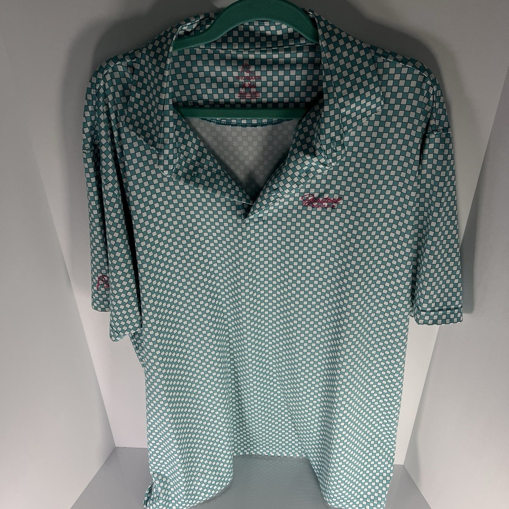 Rhoback Barstool Golf Men's XXL Checkered Print Teal Performance Polo Shirt EUC